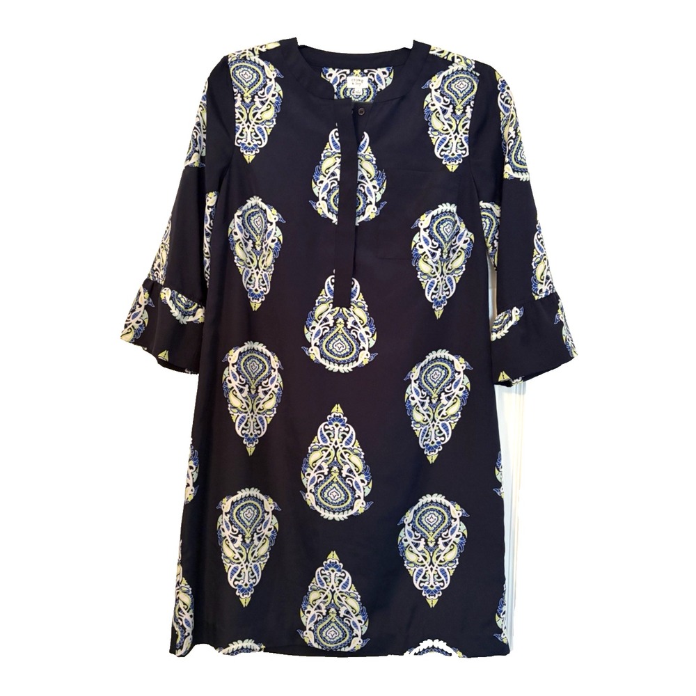 Crown And Ivy Size 4 Navy Shift Dress White Lime Green Paisley Ruffle Short Prep